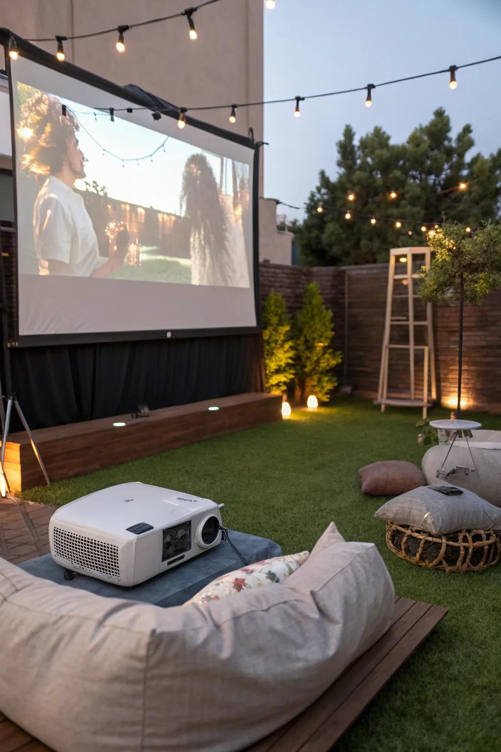 An enchanting outdoor movie theater on green artificial grass.