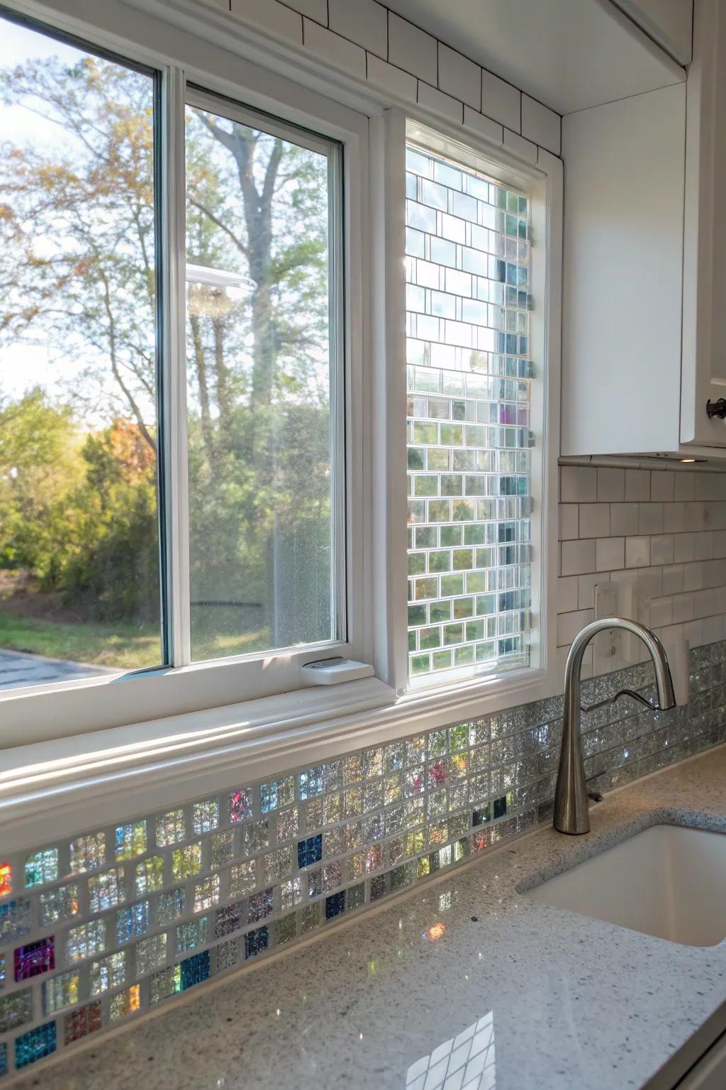 Reused glass tiles providing an eco-friendly sparkle around a kitchen window.