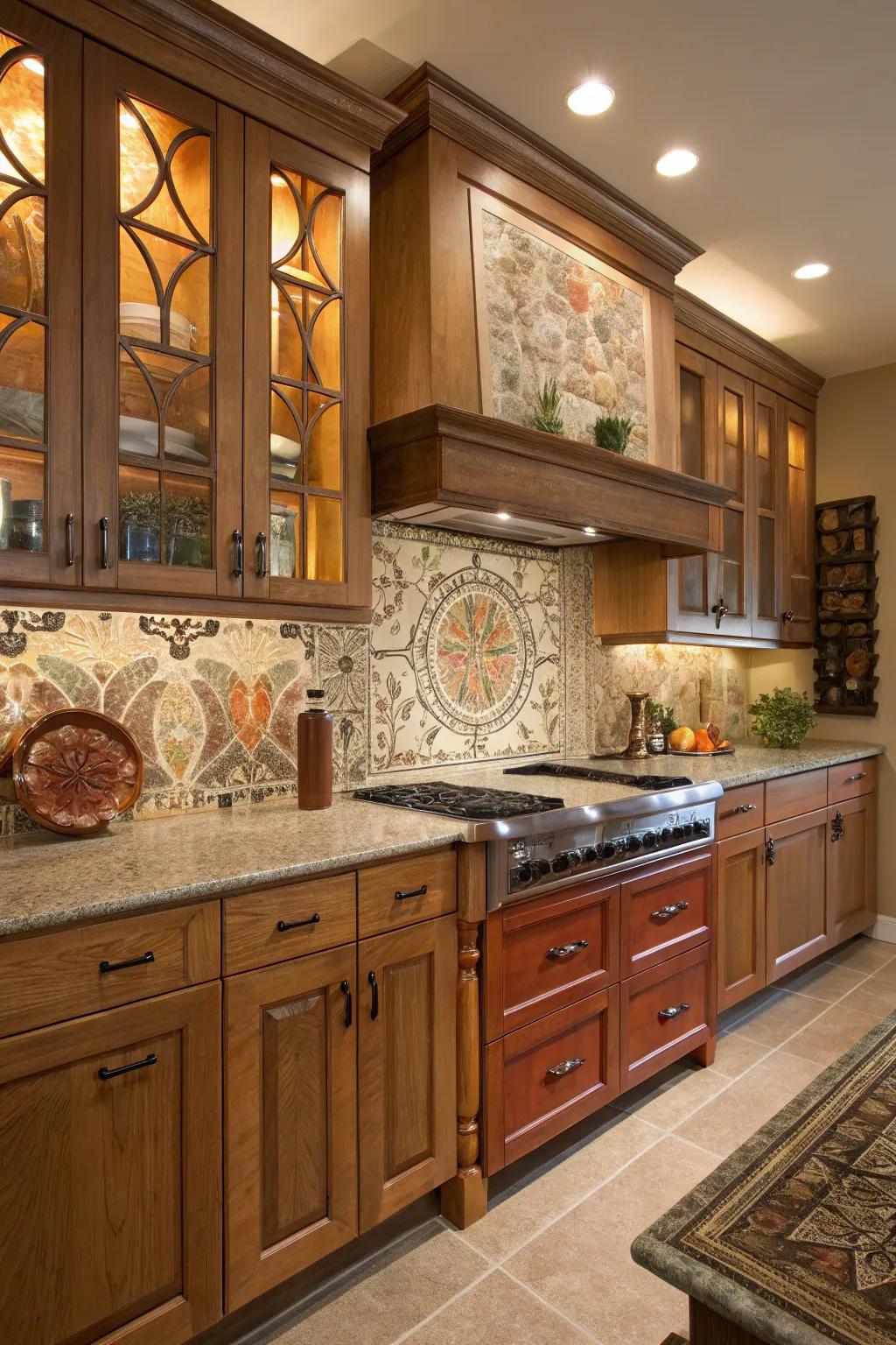An artistic tile design transforms the kitchen into a creative space.