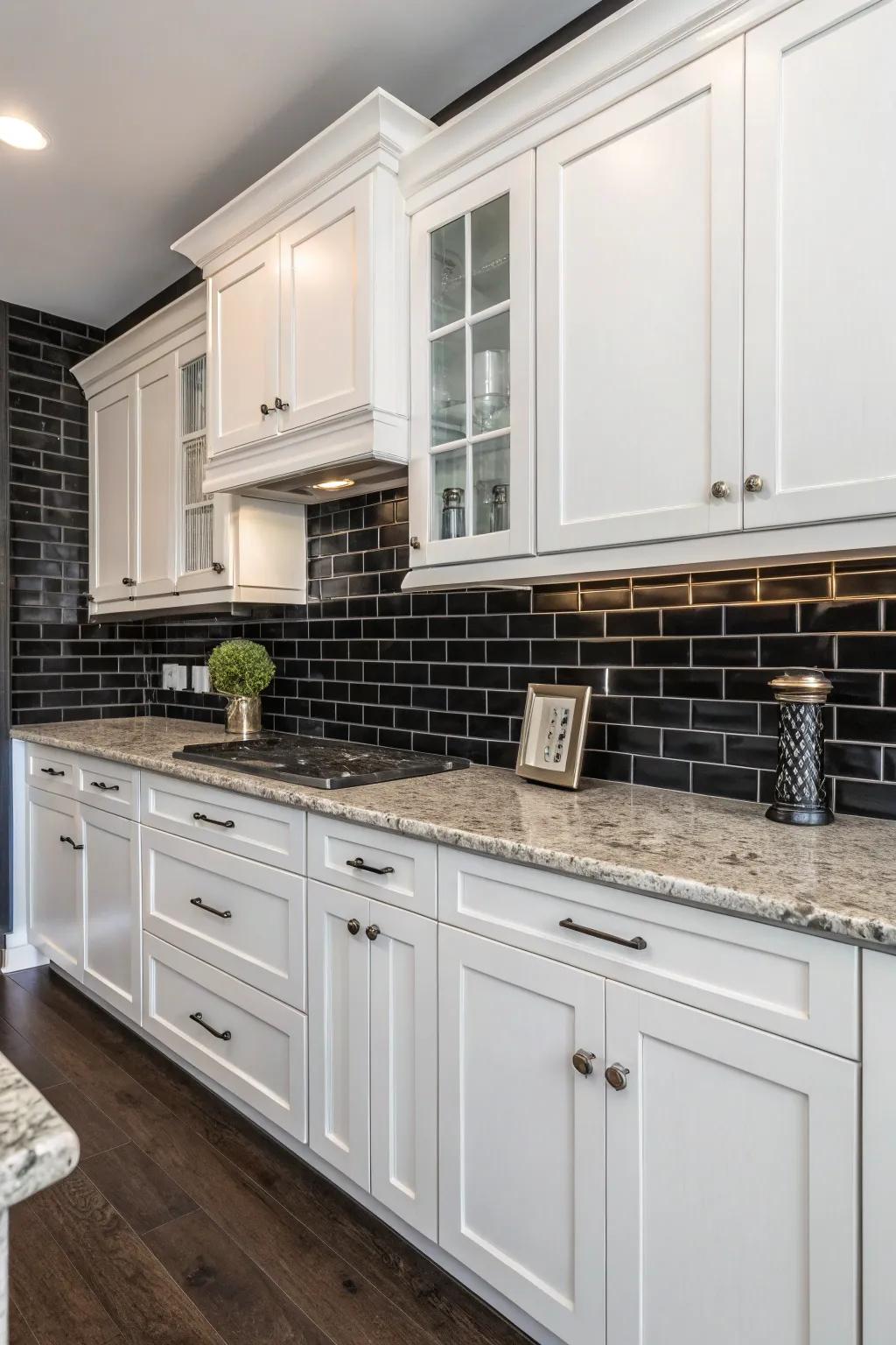 The striking contrast of dark tiles adds a dramatic and sophisticated touch.