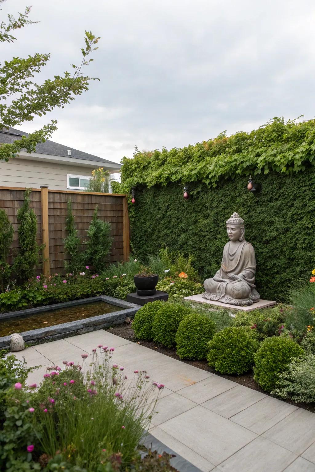 A living wall provides a lush, vibrant backdrop for your Buddha.