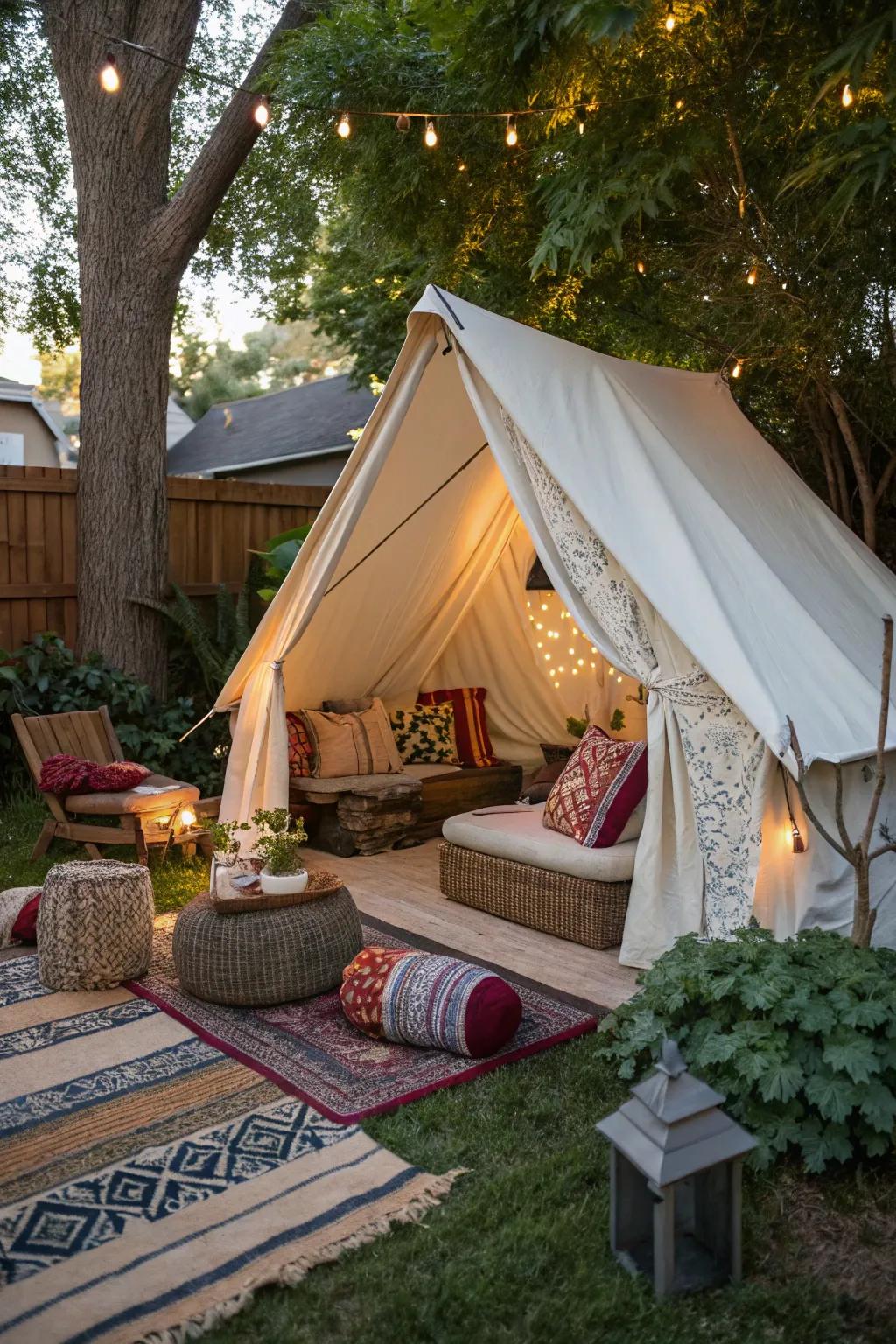 A tented lounge provides a cozy, bohemian escape in your backyard.