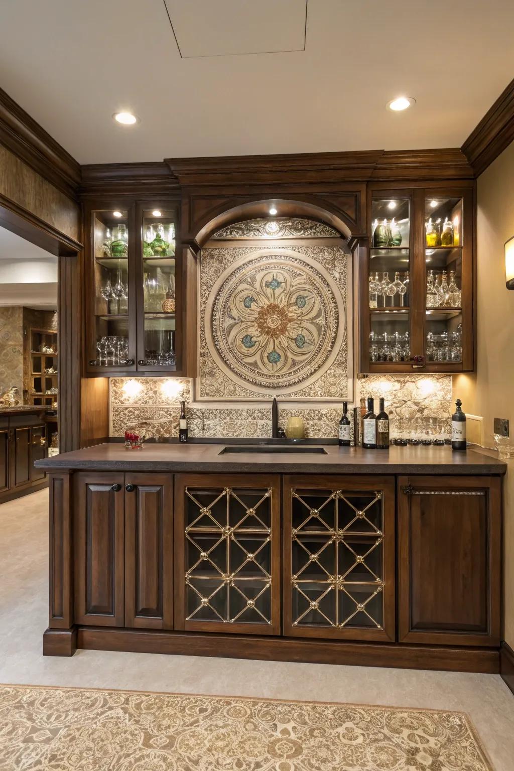 A home bar with an ornament medallion tile backsplash in an elegant design.