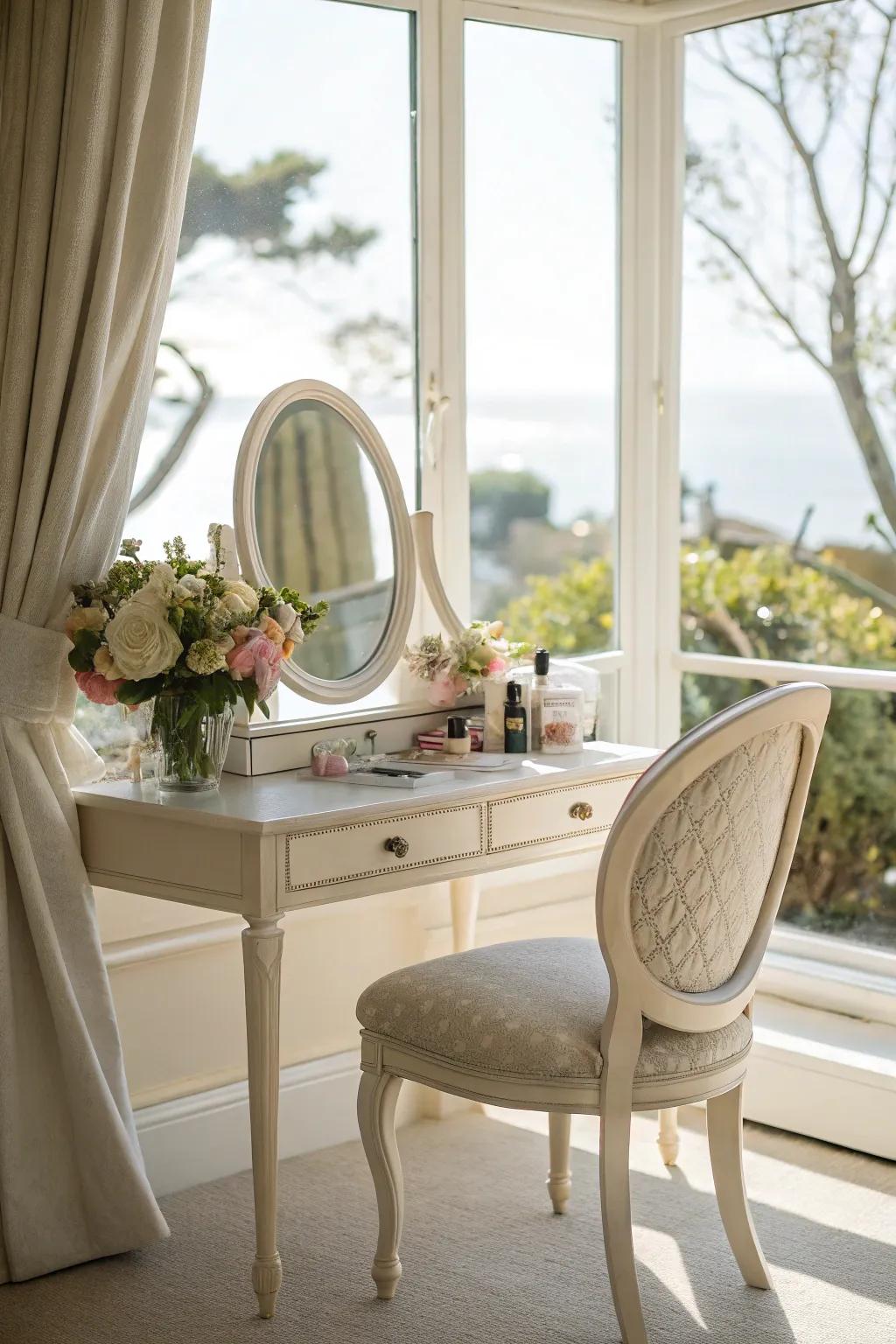 A glamorous grooming station in the bay window enriches your self-care ritual.