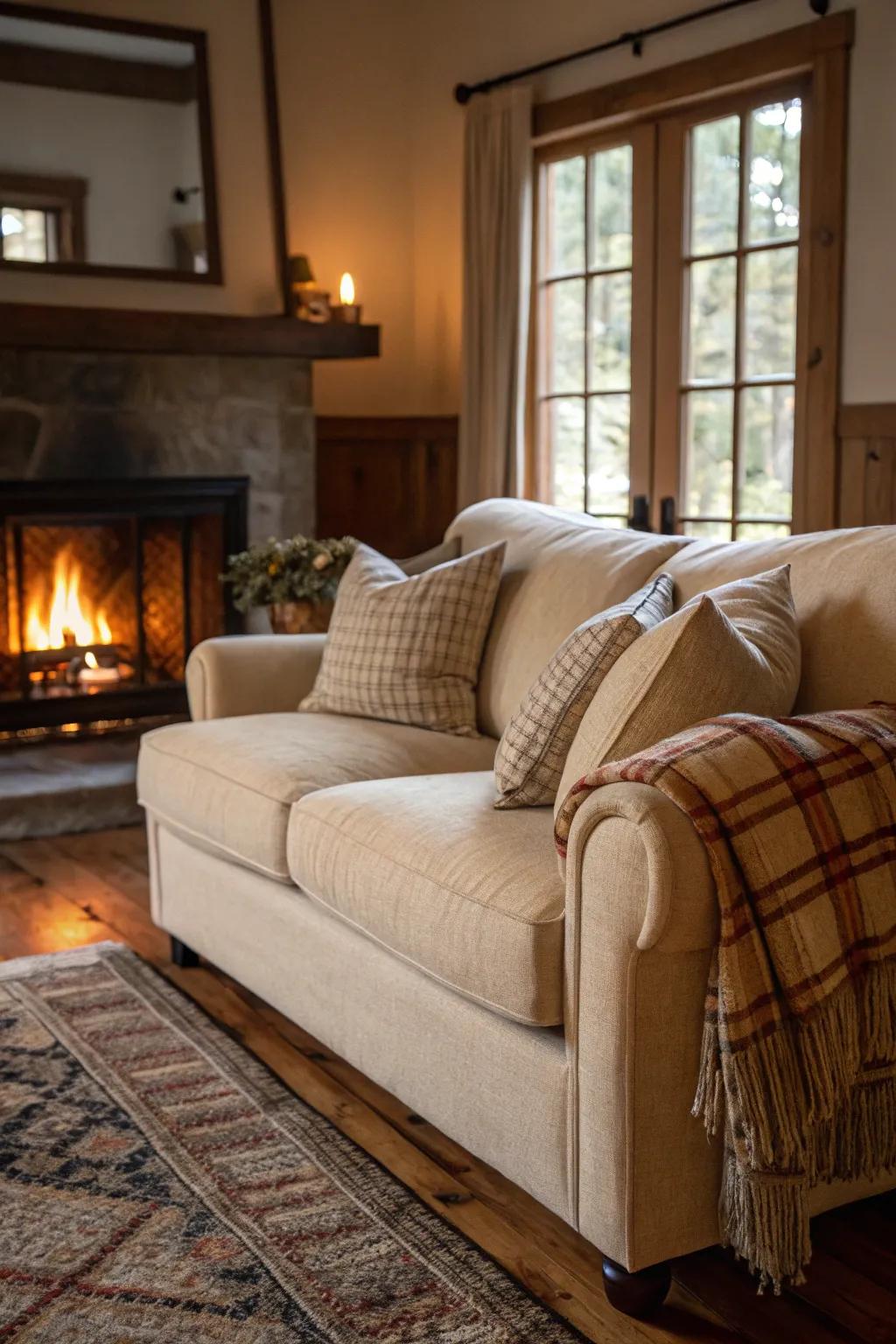 A snug living space with a wheat-toned sofa and a warm fireplace.
