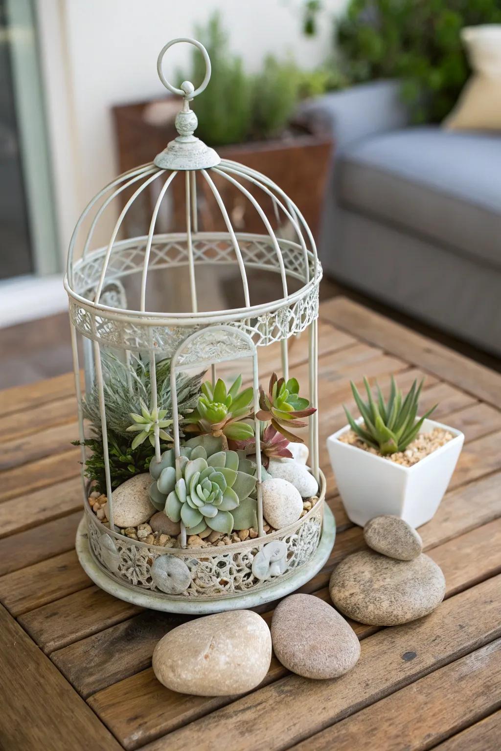 A birdcage filled with succulents and stones offers a serene, stylish display.