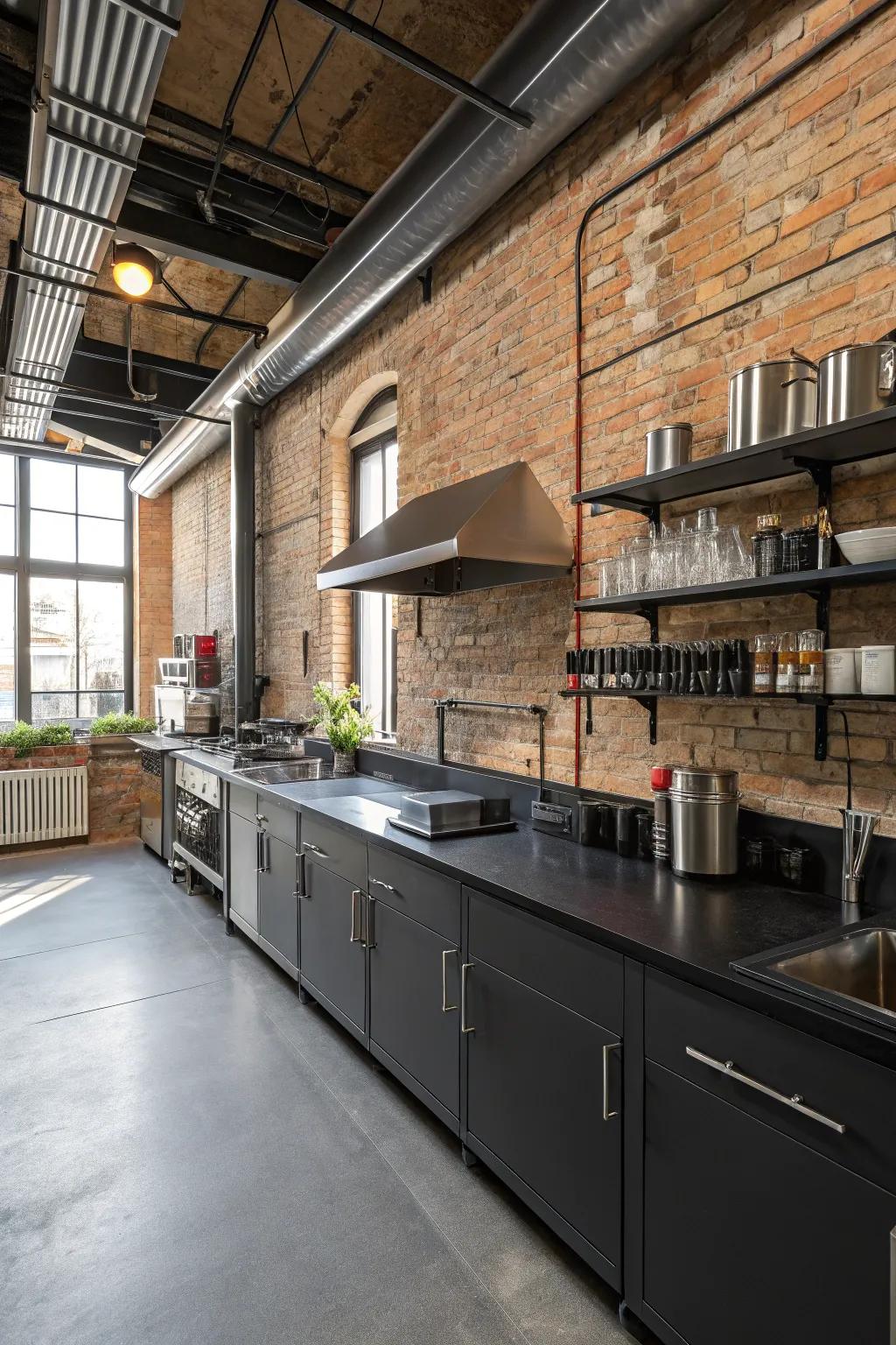 Industrial vibe with ebony countertops and exposed brick.