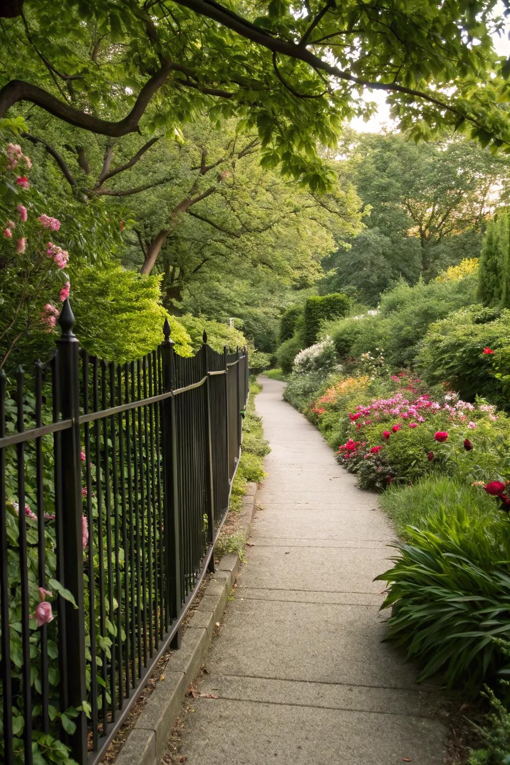 A black fence elegantly lining a garden walkway.