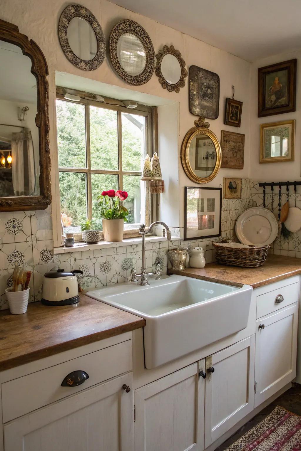 An antique mirror collage adds charm and reflects light beautifully.