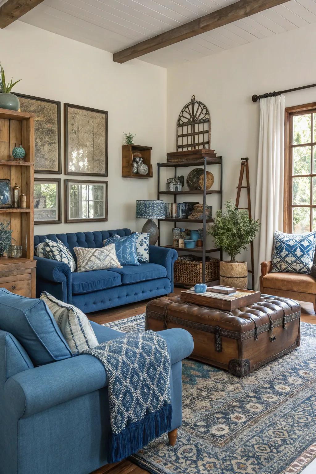 Eclectic blue highlights add character and depth to this unique living room.