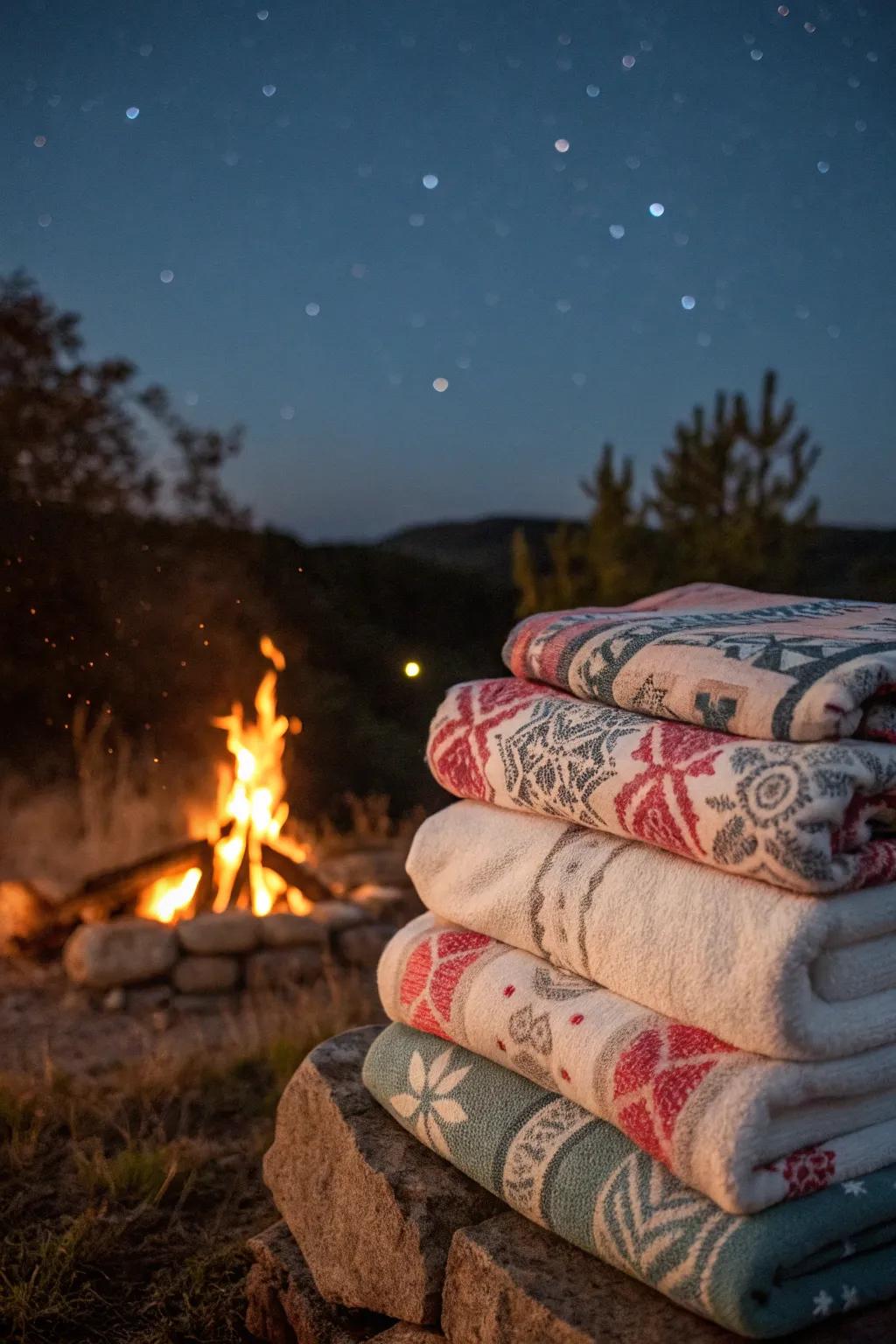 Cozy blankets ready for guests as the night cools.