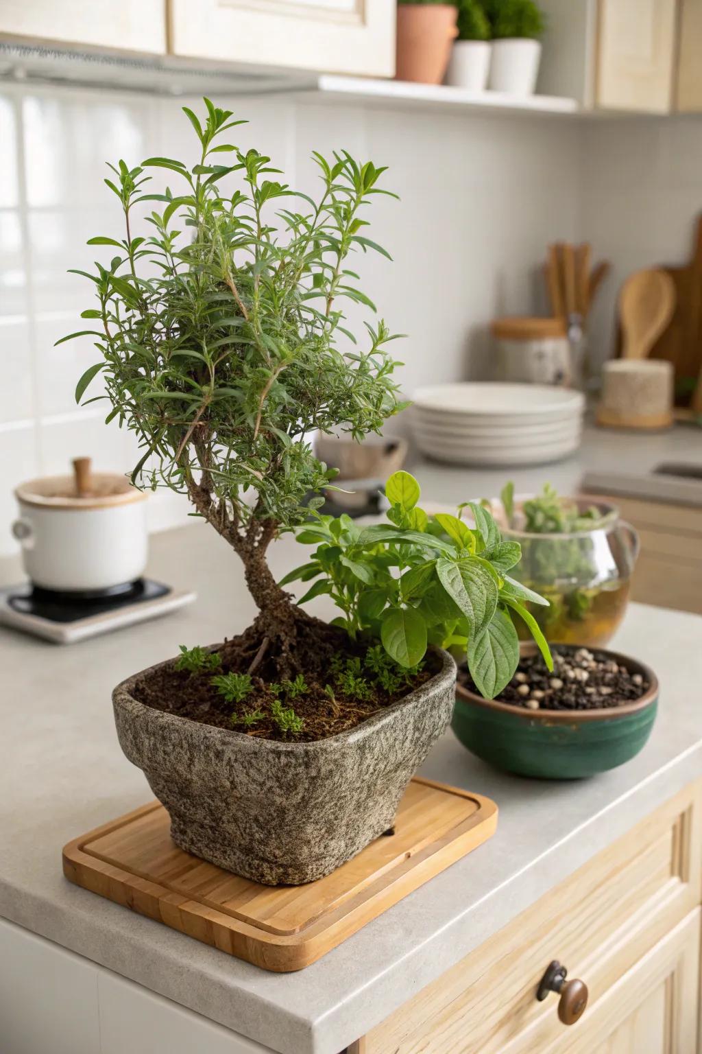 Bonsai combined with aromatic herbs for a sensory experience