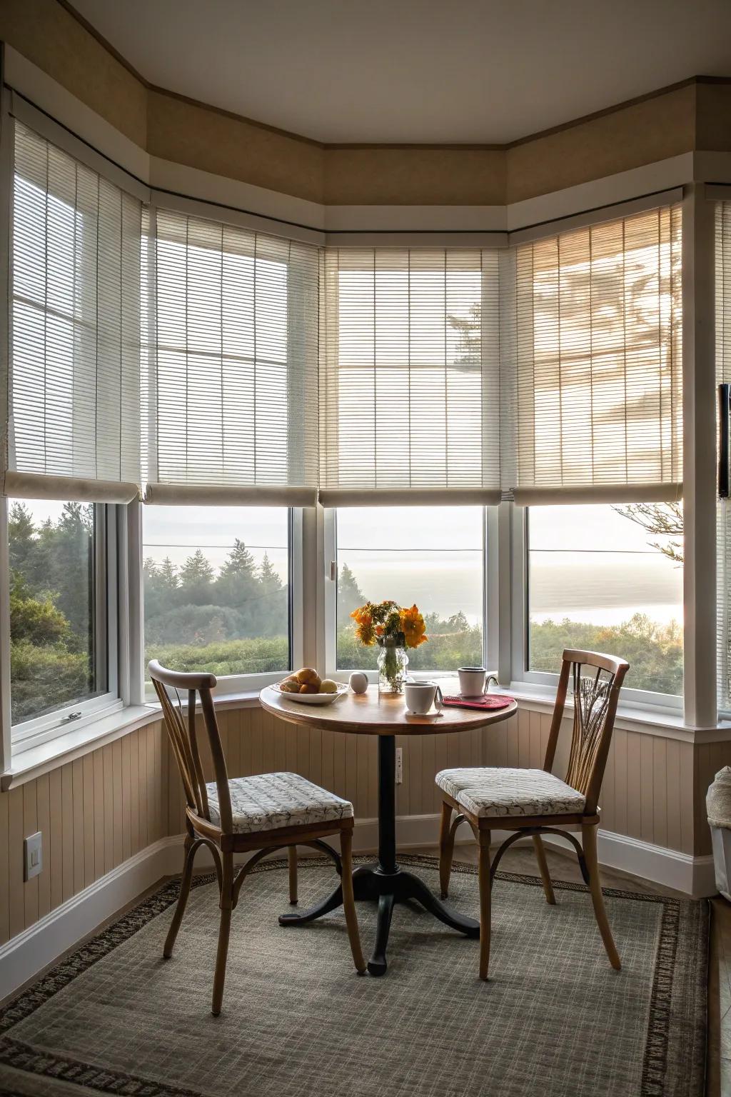 Transparent blinds maintain open views and privacy.