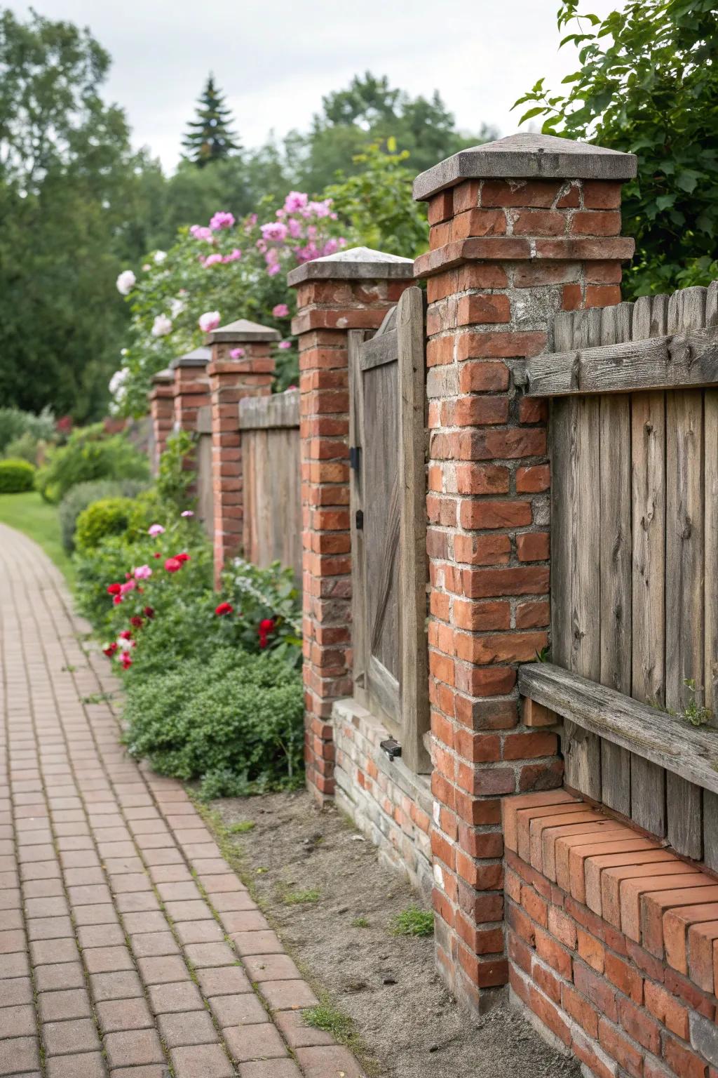Country lumber elements enrich brick fences with warmth and dimension.