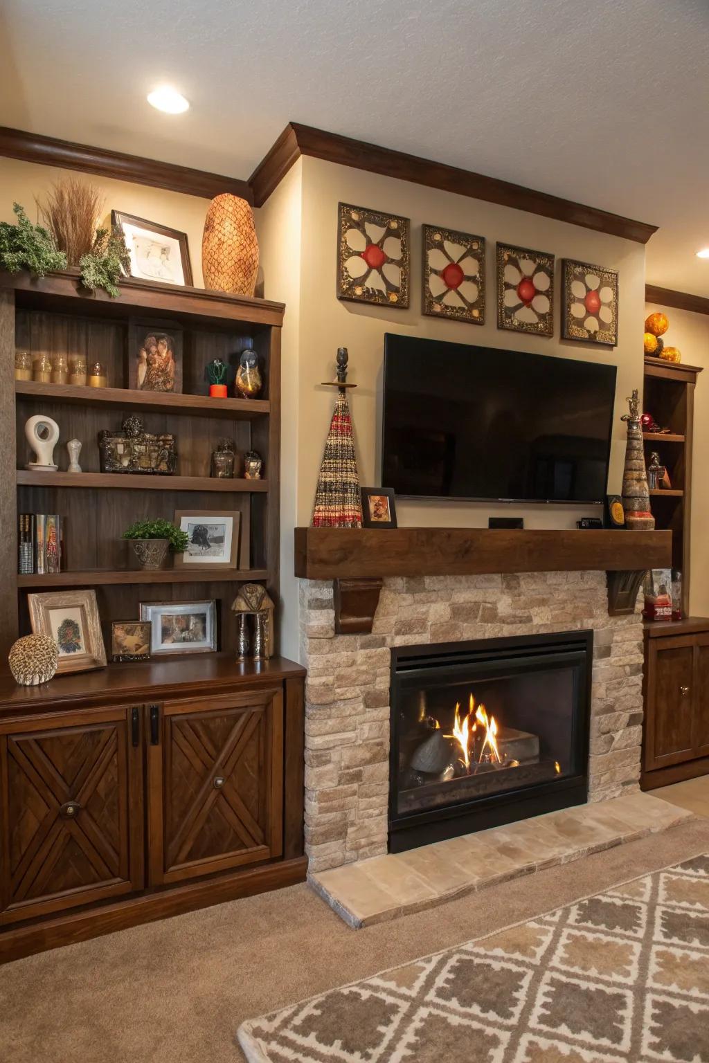 Cultural elements bring a personal touch to this unique entertainment center.
