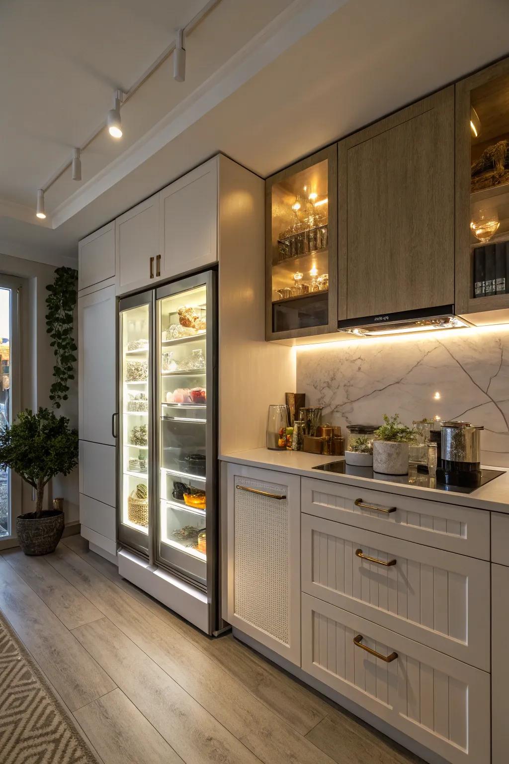 Hidden lighting around the built-in fridge creates a warm and inviting kitchen ambiance.