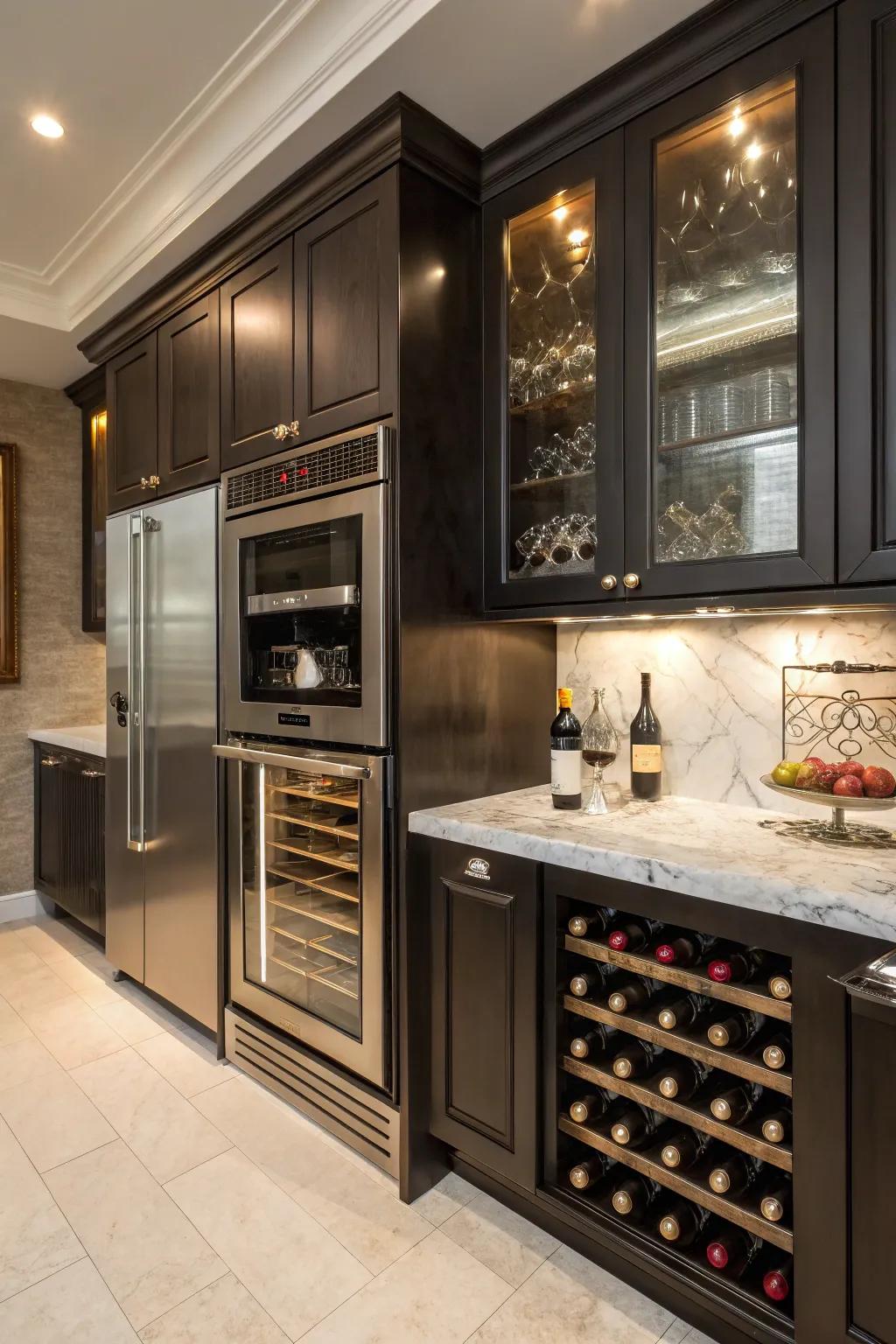 Luxury kitchen design featuring the microwave stacked above a wine chiller.