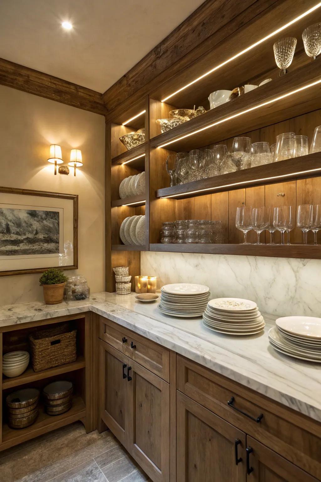A cozy service space enhanced with below-cabinet lighting for greater ease.