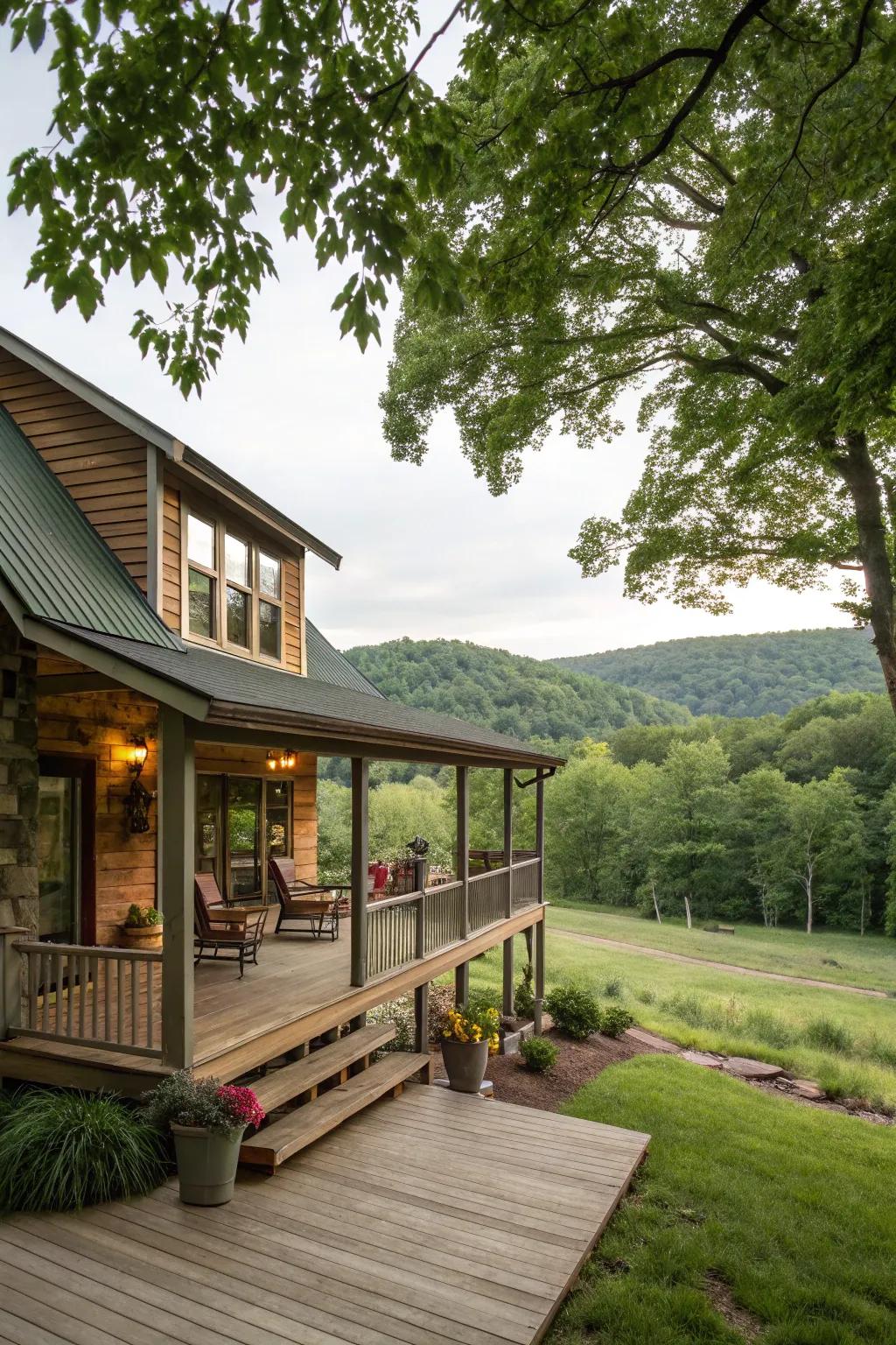 A wraparound deck amplifies outdoor living and cabin appeal.