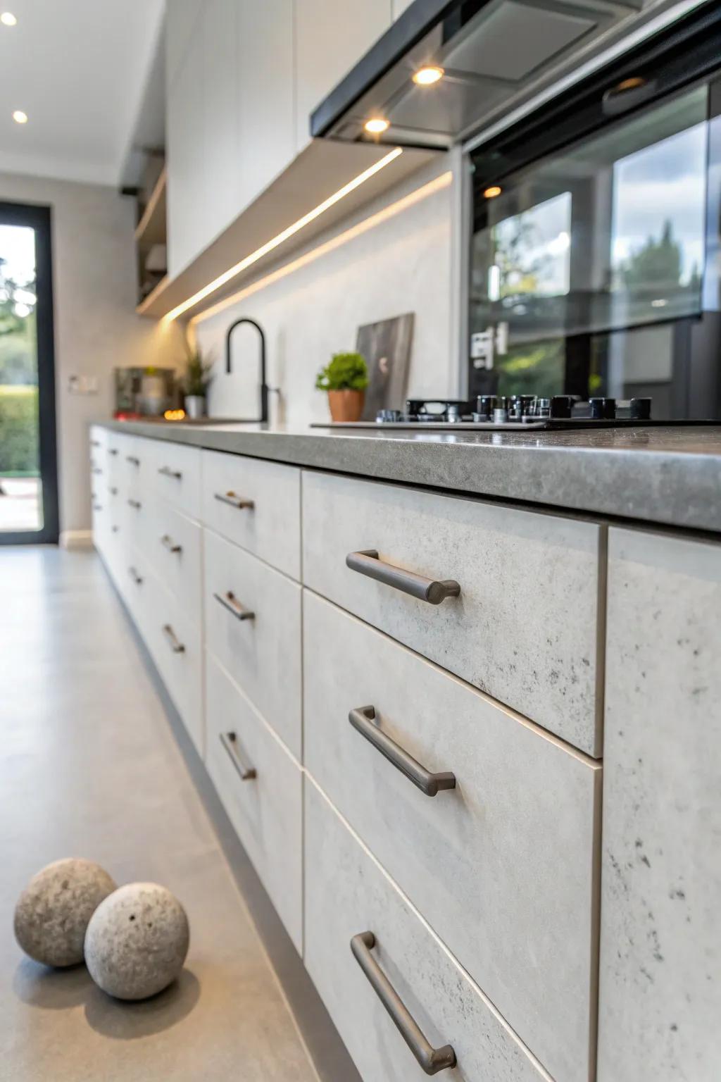 Concrete knobs add modern simplicity to sleek kitchen cabinets.