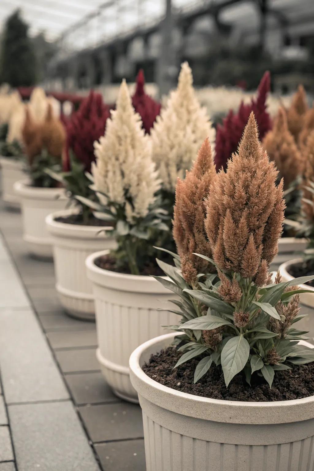 Monochrome magic with celosia creates a unified look.