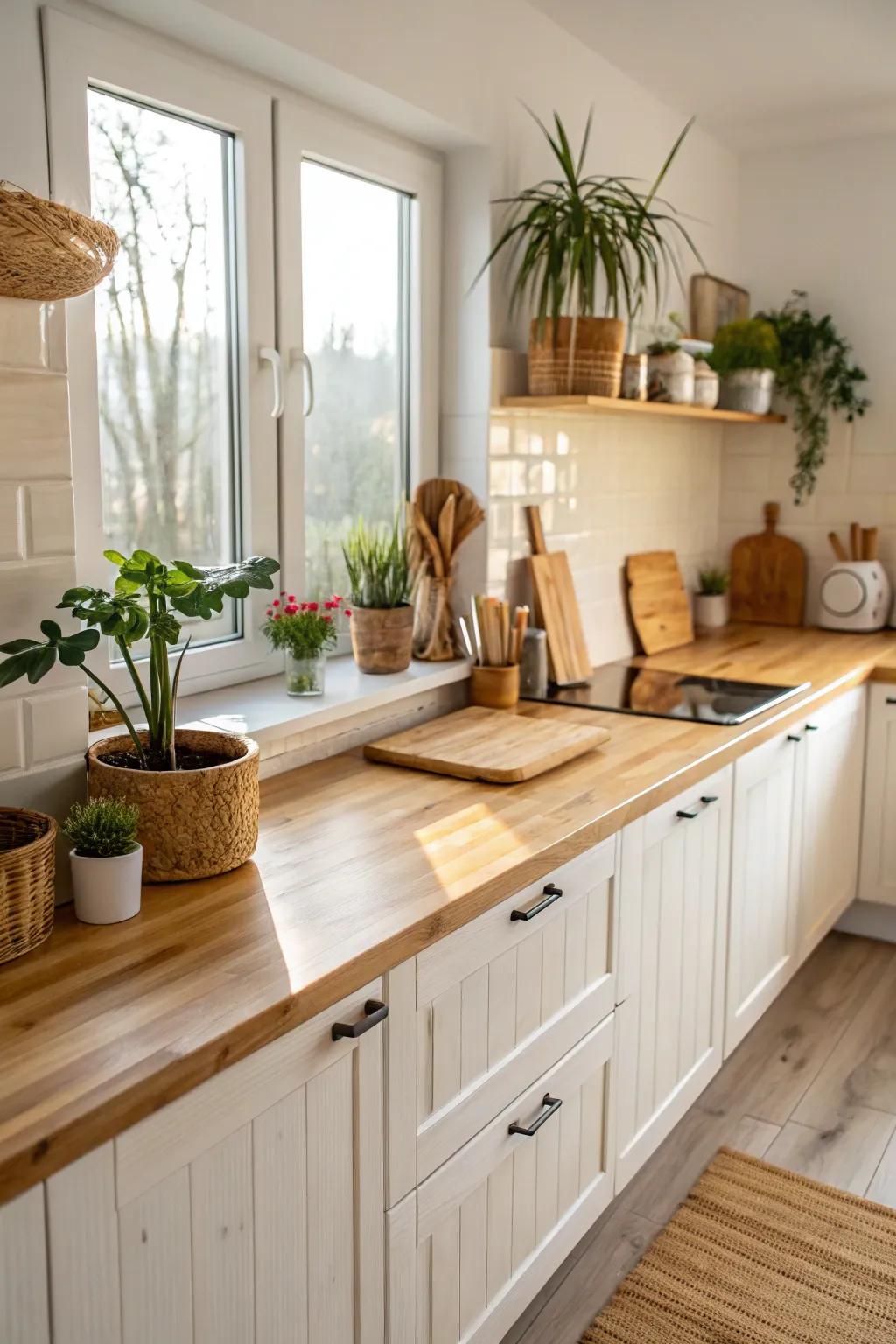 Eco-friendly kitchen featuring sustainable bamboo countertops.
