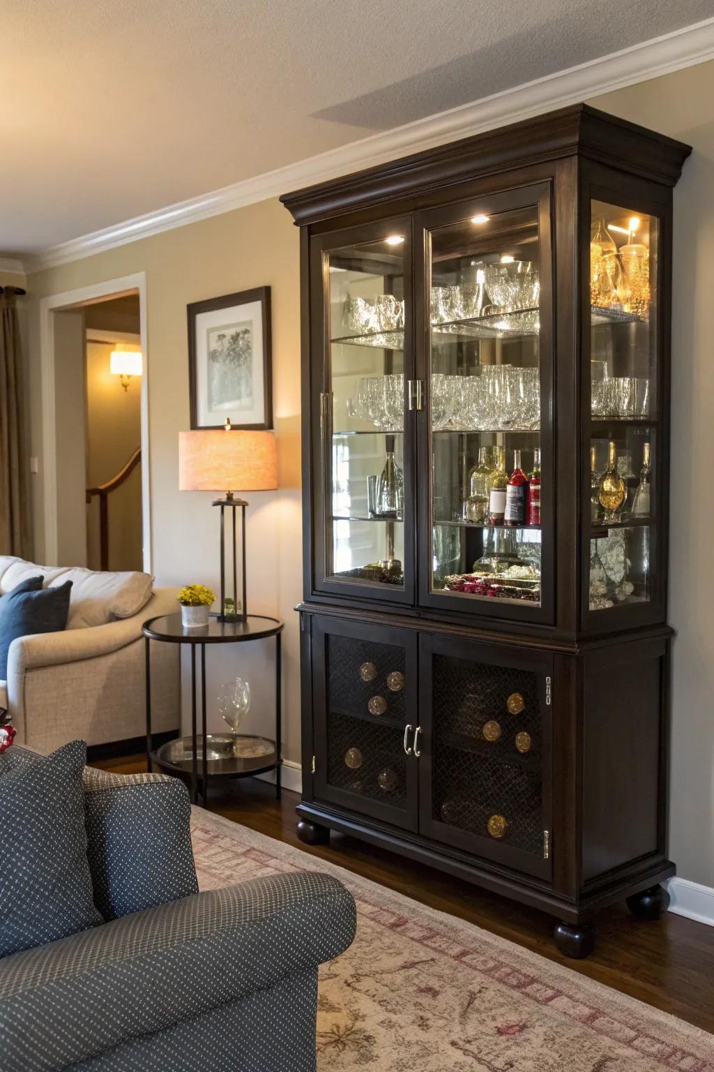 Display hutch transformed into a stylish bar hutch.