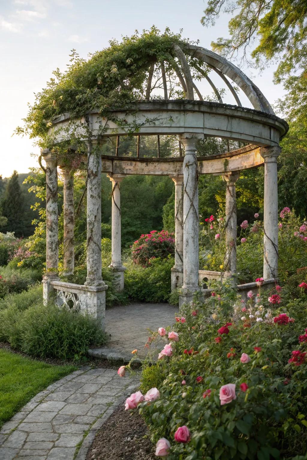 A vintage-inspired pergola adds character and charm to any garden.