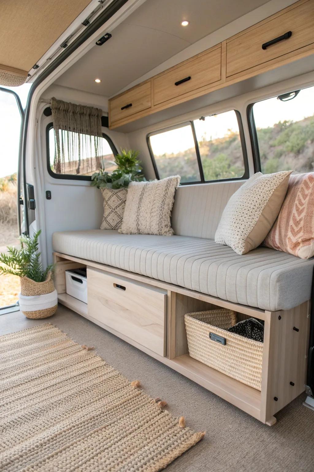 Transform your campervan with a chic convertible seating area that offers both style and storage. #CampervanLiving #ScandiBoho