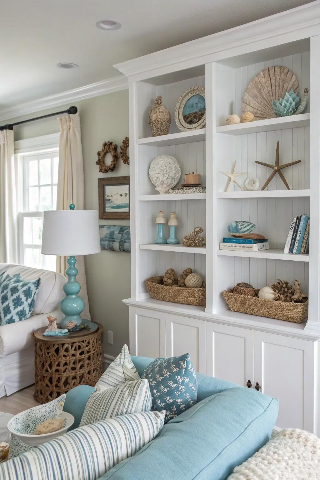 Open shelving displays coastal treasures.