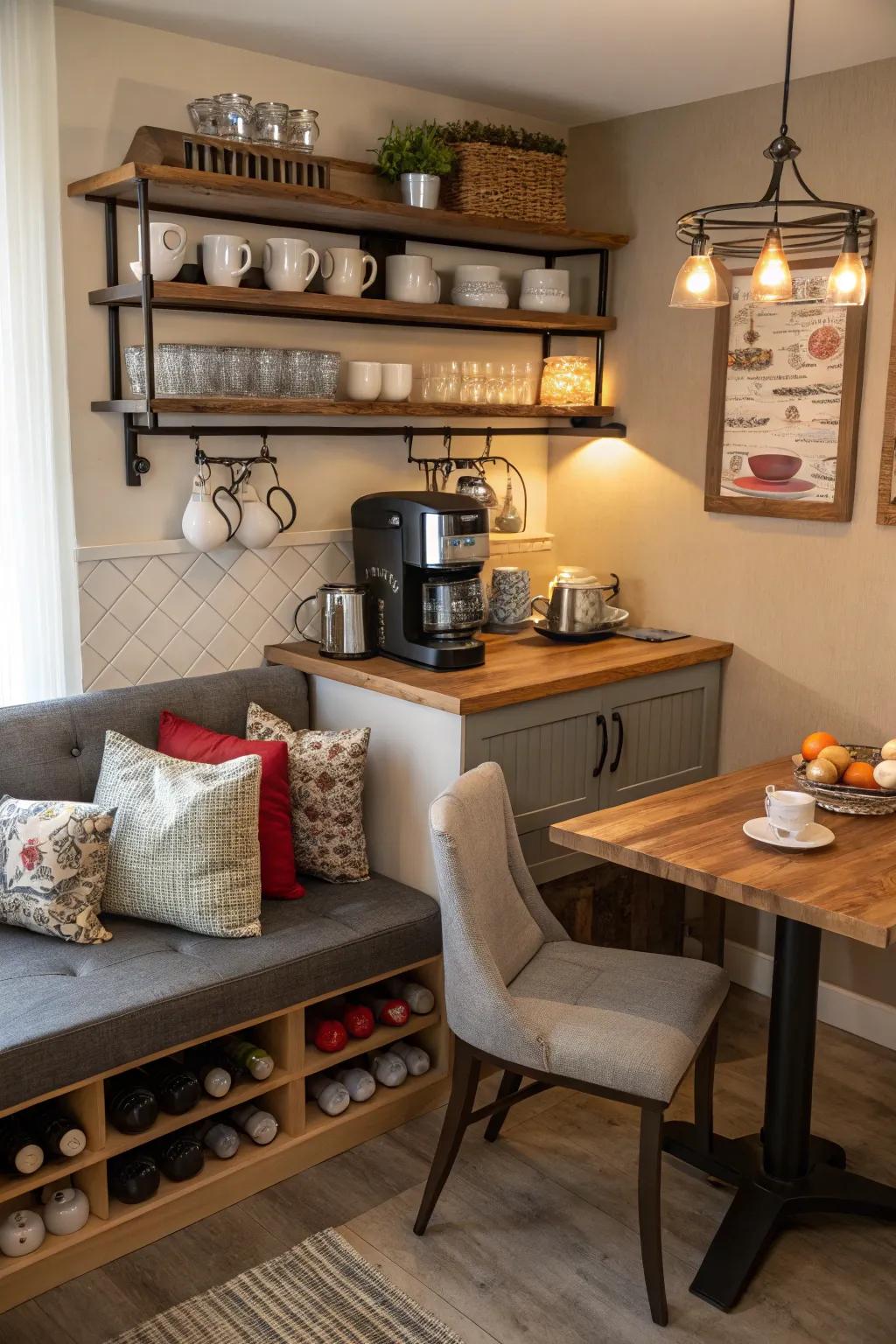 A beverage nook transforms coffee breaks into special occasions with a cozy setup.