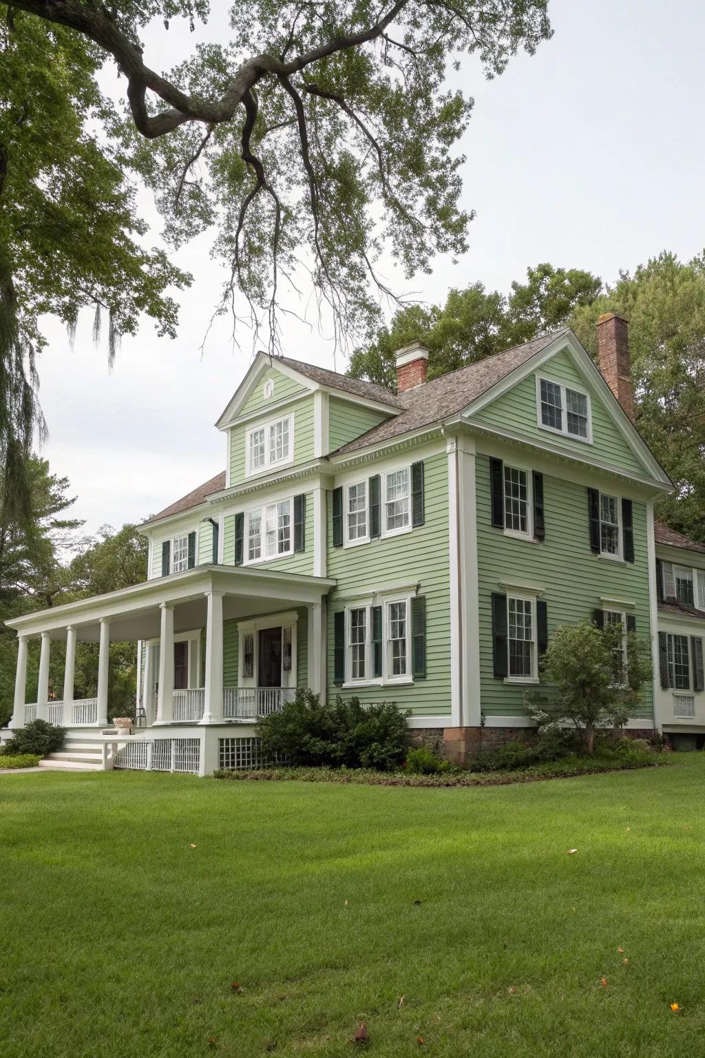 Colonial home with sage green siding and white trim.