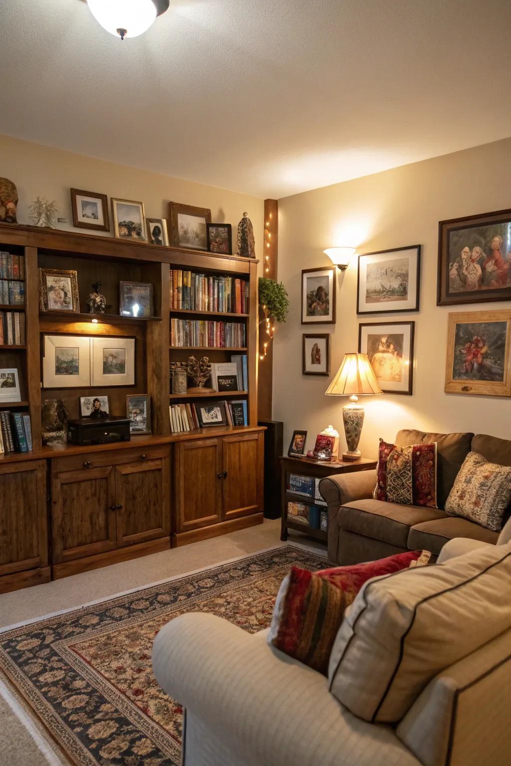 Personal collections include a unique, personalized feel to this inviting lounge area.