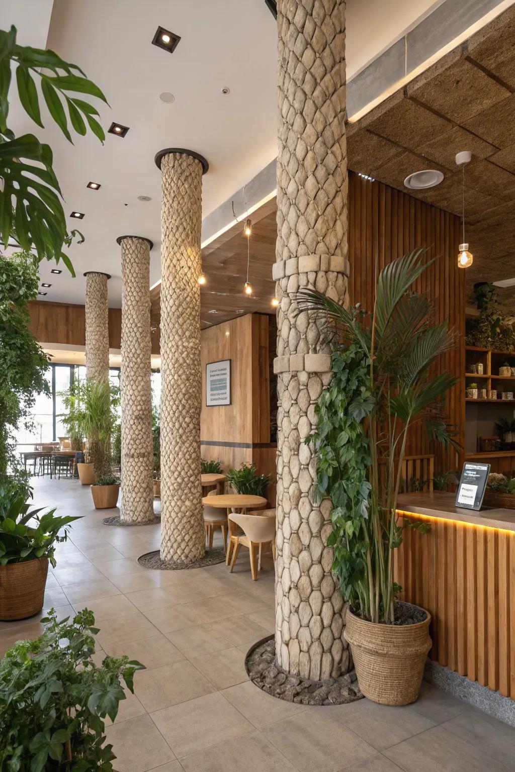 Columns crafted from recycled materials, adding an eco-chic touch to the interior.