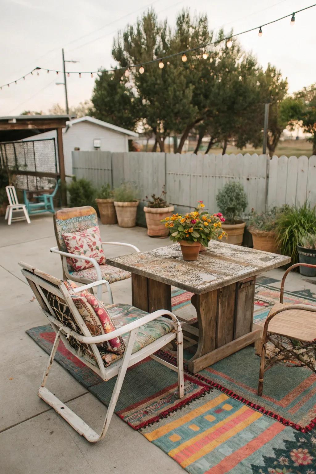 A charming concrete patio adorned with vintage furniture and retro decor elements.