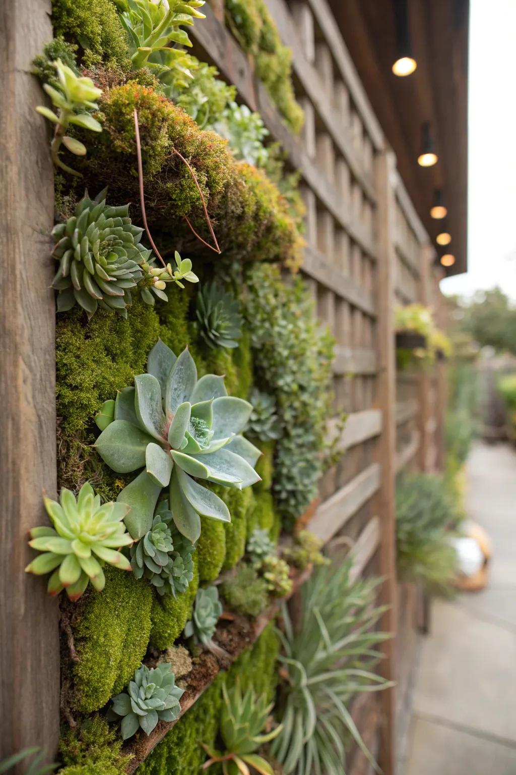 A thriving wall trellis teeming with bryophytes and succulents.