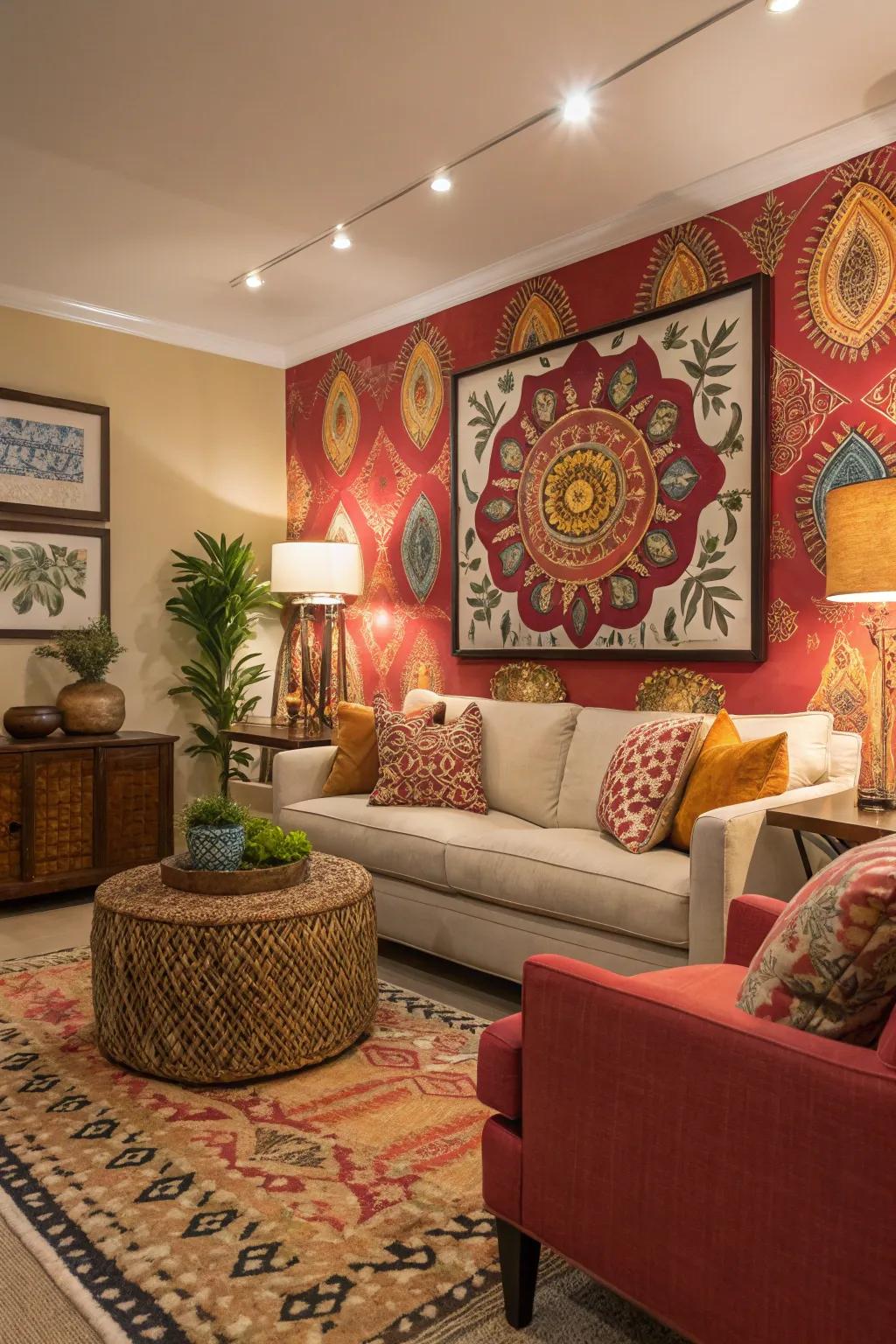 A bold accent wall makes a striking impact in the room.