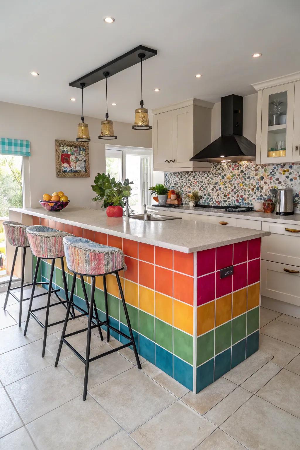 A kitchen with a pop of color in the countertop bar area.
