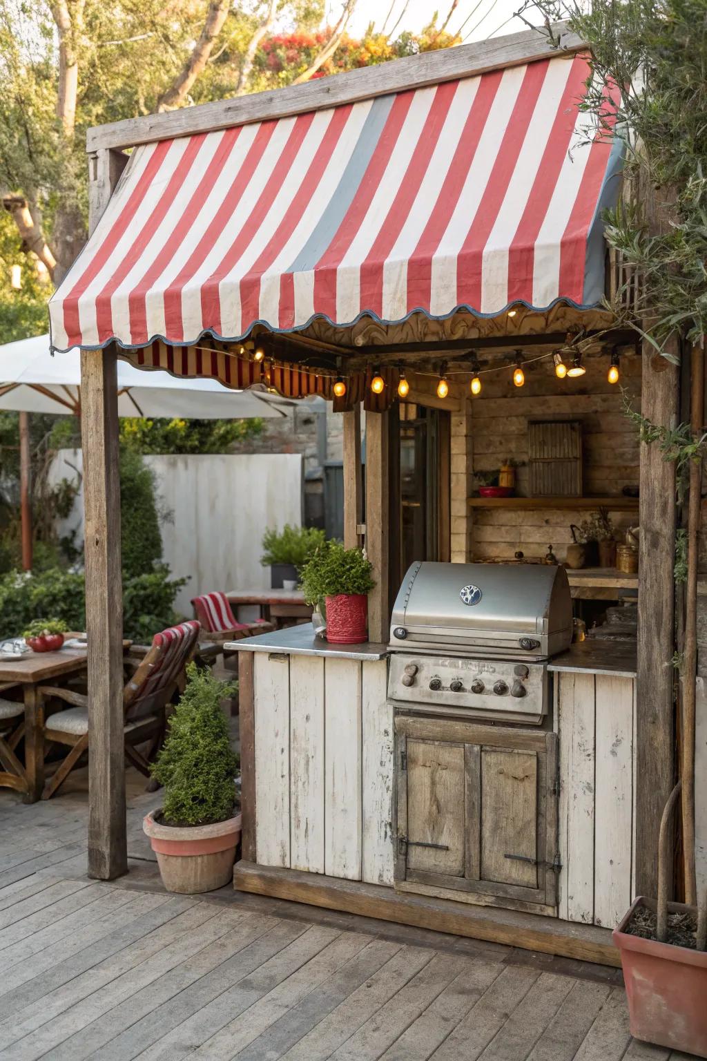 A vintage-inspired awning adding nostalgic charm to a grill space.
