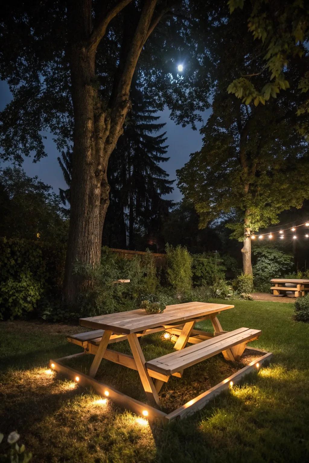 A wooden picnic table with built-in lighting, perfect for enchanting evening gatherings.