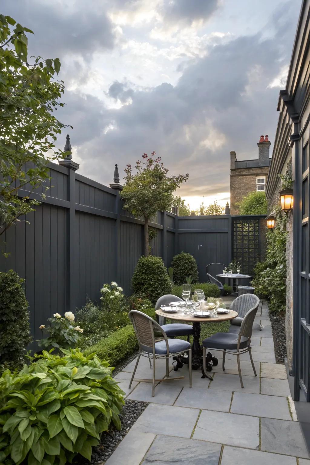 A chic courtyard with a deep charcoal boundary, perfect for intimate gatherings.