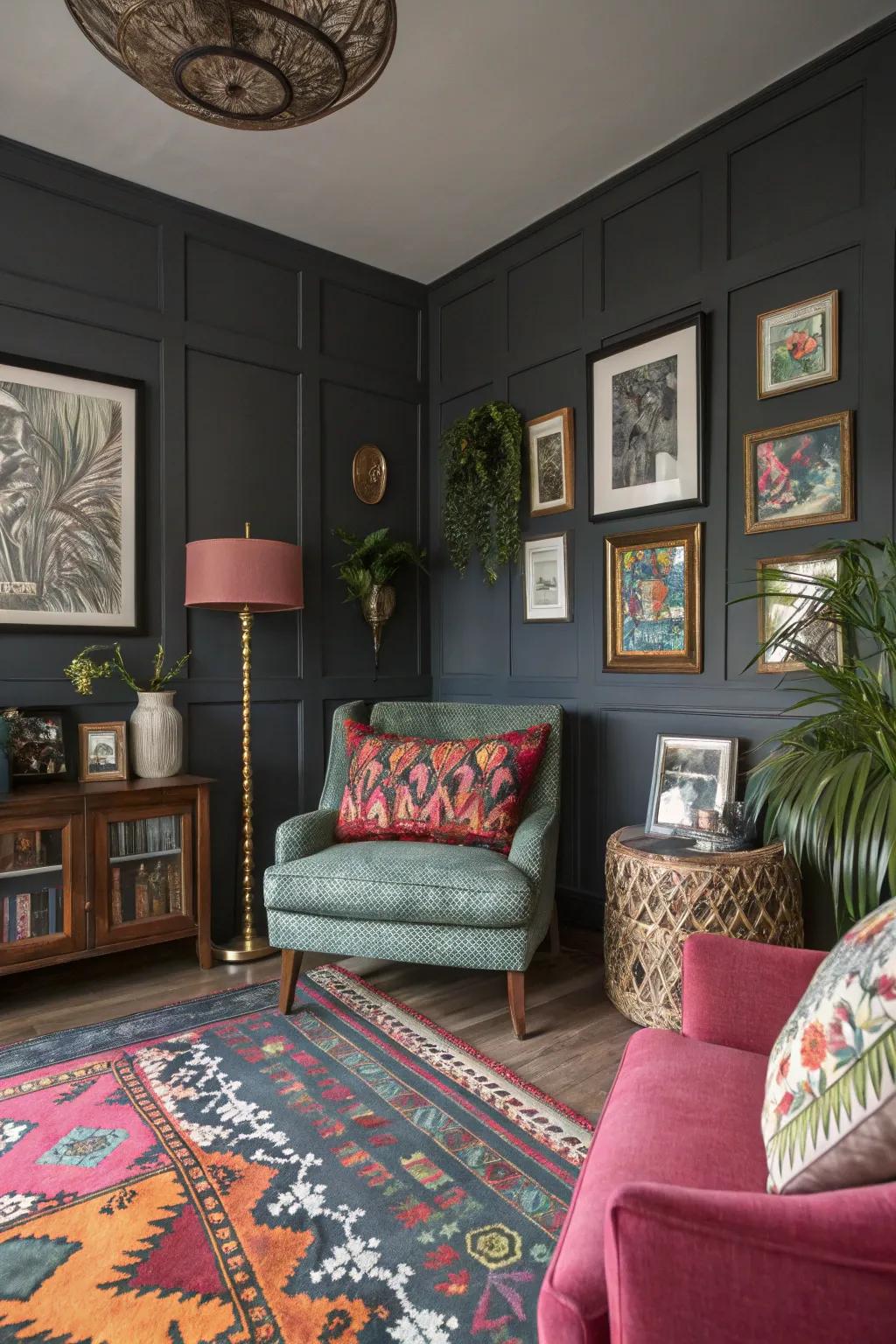 Eclectic decor creating a unique and personalized grey room.