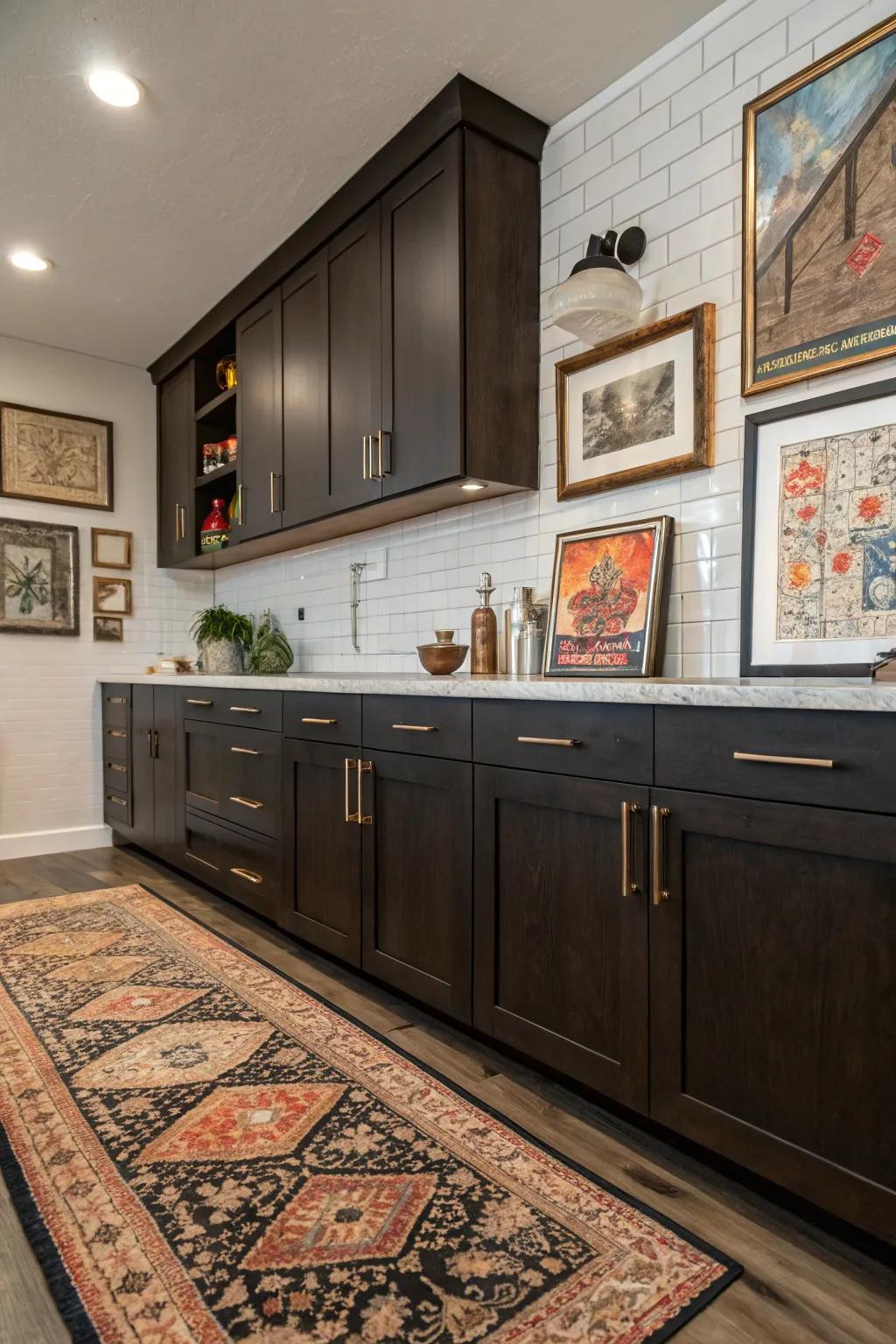 Eclectic touches like art pieces and vintage rugs introduce personal flair.