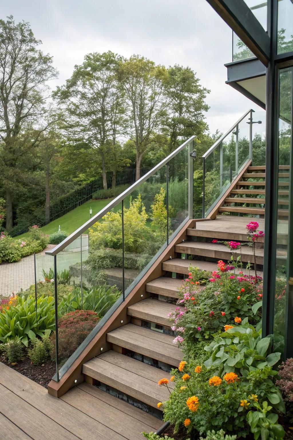 Glass railings on deck stairs for unobstructed garden views.