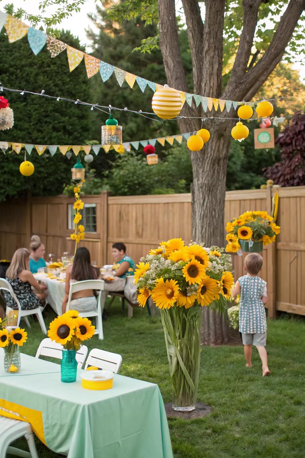 Sunflower-themed party decor sets a joyful tone for any celebration.