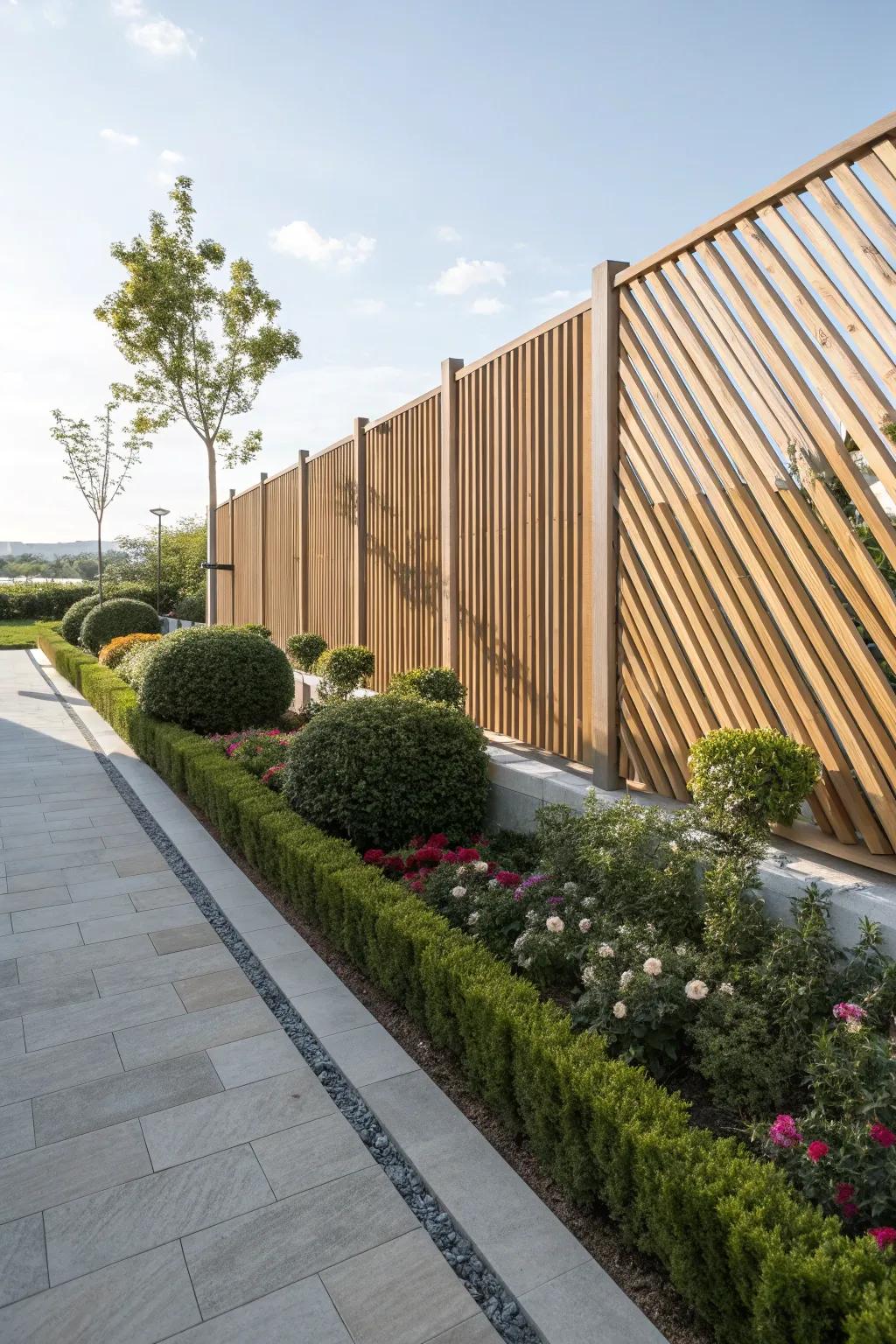 Oblique slats infuse a contemporary twist into fence designs.