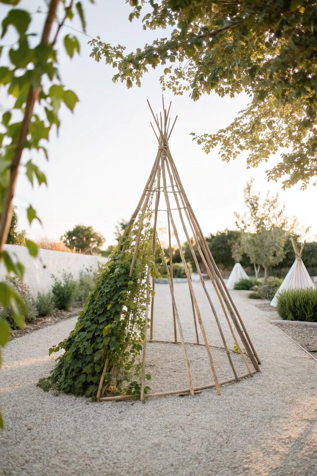 Elevate your garden's charm with a simple yet enchanting bean teepee trellis, perfect for cantaloupes and inspired by nature's beauty.