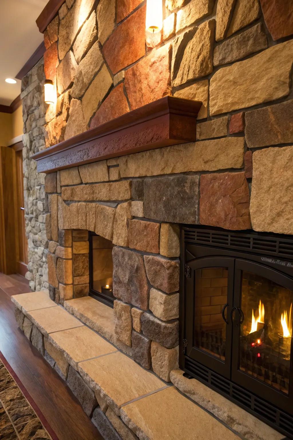 Transform your indoors with the rustic charm of a stone fireplace surround—a touch of nature's elegance in your home.