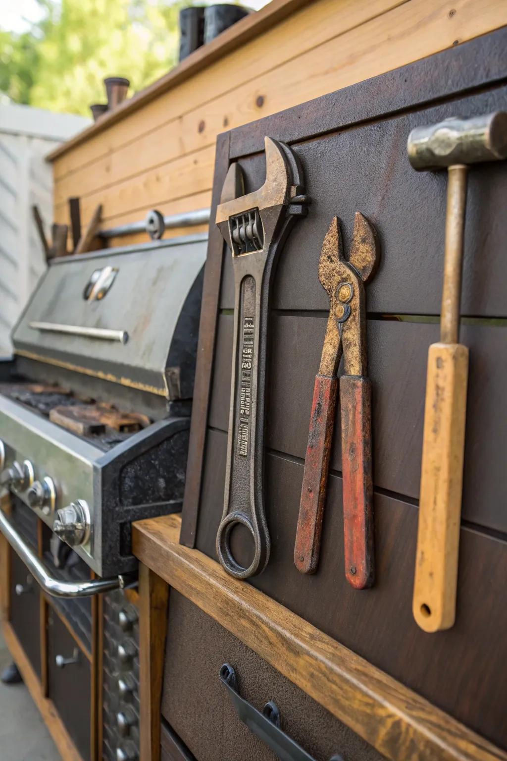 Elevate your grill station with a touch of vintage charm. Showcase the artistry of yesteryear with a stunning display of antique tools.