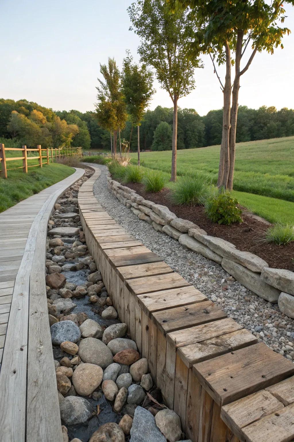 Reclaimed materials bring character and sustainability to a swale.